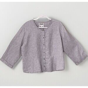 FLAX Jacket L 100% Linen Cropped Top Gray Lavender Button Front Lagenlook Resort